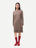 Women's Seamless Crewneck Cashmere Dress Taupe worn by model front view on white background