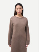 Women's Seamless Crewneck Cashmere Dress Taupe worn by model detail view on white background
