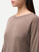 Women's Seamless Crewneck Cashmere Dress Taupe worn by model detail view on white background