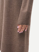 Women's Seamless Crewneck Cashmere Dress Taupe worn by model detail view on white background