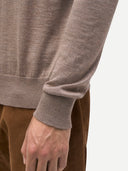 Men Cashmere Silk High Neck  Sweater Taupe worn by model, detail view on white background