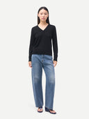 Timeless Cashmere V-Neck Sweater Black  worn by model, front view, on white background