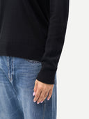Timeless Cashmere V-Neck Sweater Black  worn by model, detail view, on white background