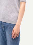 Women's Cashmere Silk Shirt with High Neck Vapor Blue  worn by model, detail view on white background
