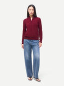 Timeless Cashmere Full-Zip Cardigan Bordeaux  worn by model, front view, on white background