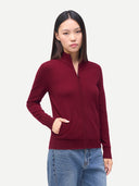 Timeless Cashmere Full-Zip Cardigan Bordeaux  worn by model, detail view, on white background