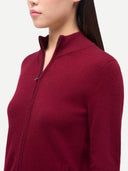 Timeless Cashmere Full-Zip Cardigan Bordeaux  worn by model, detail view, on white background