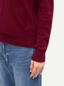 Timeless Cashmere Full-Zip Cardigan Bordeaux  worn by model, detail view, on white background