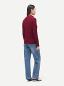 Timeless Cashmere Full-Zip Cardigan Bordeaux  worn by model, back view, on white background