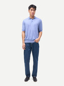 Men Classic Polo Shirt with Short Sleeve Cambray Blue worn by model, front view on white background