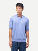 Men Classic Polo Shirt with Short Sleeve Cambray Blue worn by model, detail view on white background