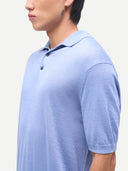Men Classic Polo Shirt with Short Sleeve Cambray Blue worn by model, detail view on white background