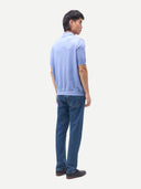 Men Classic Polo Shirt with Short Sleeve Cambray Blue worn by model, back view on white background