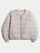 Flat lay of the collarless quilted inner jacket of the CashmereTech bomber in smoke gray, with a full-length zip and ribbed cuffs.