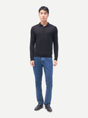 Men Classic Polo Shirt with Long Sleeve Black worn by model, front view on white background