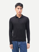 Men Classic Polo Shirt with Long Sleeve Black worn by model, detail view on white background