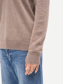 Timeless Organic Cashmere V-Neck Sweater Taupe  worn by model, detail view, on white background