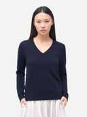 Timeless Cashmere V-Neck Sweater Navy Blazer worn by model, detail view, on white background