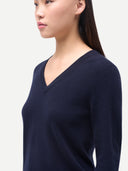Timeless Cashmere V-Neck Sweater Navy Blazer worn by model, detail view, on white background