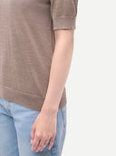 Women's Cashmere Silk Shirt with High Neck Taupe  worn by model, detail view on white background
