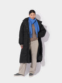 Cashmere Fringed Scarf Blue Cashme worn by model, front view on white background