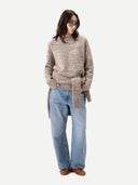 Unisex Mouline Cashmere Sweater Oxford Tan worn by model, front view on white background