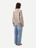 Unisex Mouline Cashmere Sweater Oxford Tan worn by model, back view on white background