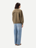 Oval-Sleeve Cropped Cashmere Sweater Burgundy worn by model, back view, on white background