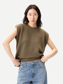 Oval-Sleeve Cropped Cashmere Sweater Burgundy worn by model, detail view, on white background