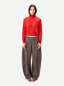 Barrel-Leg Cashmere Pants Sepia worn by model, detail view on white background