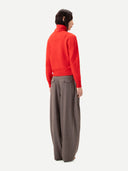 Women's Dual-Collar Cashmere Sweater Fiery Red  worn by model, back view on white background