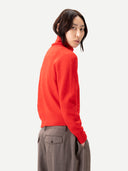 Women's Dual-Collar Cashmere Sweater Fiery Red  worn by model, side view on white background