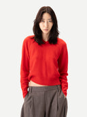 Women's Dual-Collar Cashmere Sweater Fiery Red  worn by model, detail view on white background