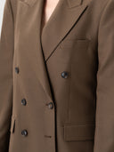 Women's  Sepia Double-Breasted Cashmere Suit Blazer  worn by model, detail view on white background
