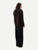 Women’s Mole  Wide-Shoulder Hooded Cashmere Cardigan worn by model, back view on white background