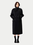 Women wearing Cashmere Trench Coat Black on a white background