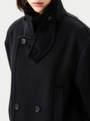 Women wearing Cashmere Trench Coat Black on a white background