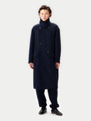 Unisex Cashmere Trench Coat Navy Blazer worn by model detail view on white background