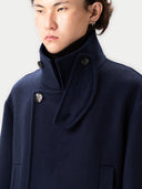 Unisex Cashmere Trench Coat Navy Blazer worn by model detail view on white background