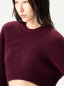 Women's Burgundy Cashmere Oval-Sleeve Cropped Sweater worn by model, detail view on white background