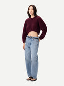 Women's Burgundy Cashmere Oval-Sleeve Cropped Sweater worn by model, front view on white background