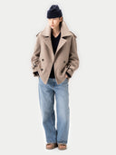 Women's Taupe Trench-Style Cashmere Peacoat  worn by model, front view on white background