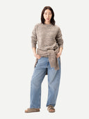 Unisex Mouline Cashmere Sweater Oxford Tan worn by model, front view on white background