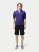 Men's Cashmere Silk Polo Skipper Blue worn by model, front view on white background