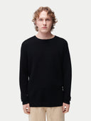 Men's Textured-Knit Silk Cashmere Sweater Black worn by model, detail view on white background