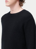 Men's Textured-Knit Silk Cashmere Sweater Black worn by model, detail view on white background