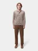 Men's Taupe Cashmere Silk Polo-Neck Cardigan worn by model, front view on white background