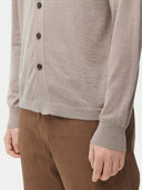 Men's Taupe Cashmere Silk Polo-Neck Cardigan worn by model, detail view on white background