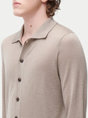 Men's Taupe Cashmere Silk Polo-Neck Cardigan worn by model, detail view on white background