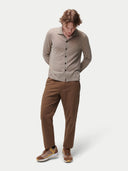 Men's Taupe Cashmere Silk Polo-Neck Cardigan worn by model, front view on white background